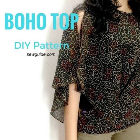 Batwing sleeved boho style top - Free sewing pattern and tutorial Halter Neck Top Pattern, Boho Top Pattern, Poncho Pattern Sewing, Trendy Sewing Patterns, Batwing Blouse, Boho Style Tops, Trendy Sewing, Make Your Own Clothes, Blouse Pattern Sewing