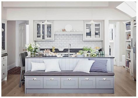 These Kitchen Islands With Bench Seating Beat Barstools Kitchen Island With Bench Seating, Kitchen Islands Ideas With Seating, Small Kitchen Island Ideas, Shaker Kitchen Design, Small Kitchen Island, London Kitchen, Farmhouse Kitchen Island, Kitchen Island With Seating, Small Space Kitchen