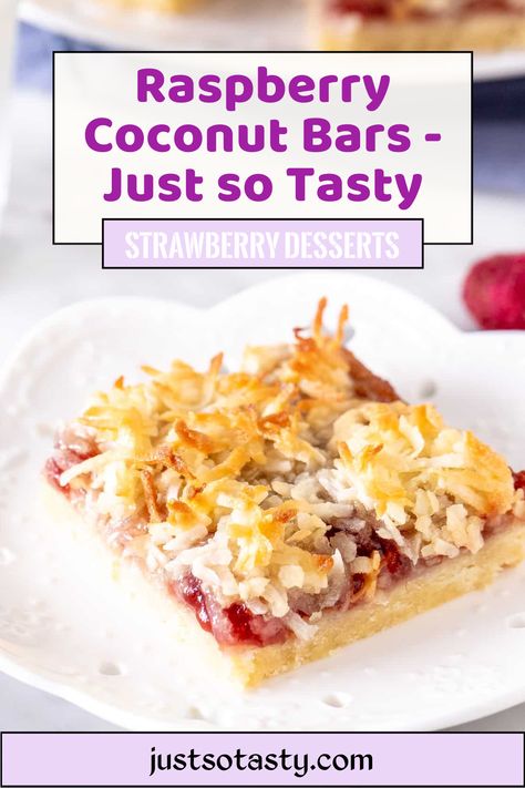 These raspberry coconut bars - AKA raspberry coconut slice - have a buttery shortbread base, a layer of raspberry jam and a coconut macaroon topping. This old-fashioned recipe is simple to make and perfect for coconut lovers. #raspberry #coconut #bars #slice #recipe #raspberryjam #shortbread from Just So Tasty Raspberry Coconut Jelly Roll, Raspberry Shortbread Bars, Raspberry Coconut Bars, Raspberry Macaroons, Coconut Squares, Coconut Macaroon, Raspberry Bars, Coconut Slice, Slice Recipe