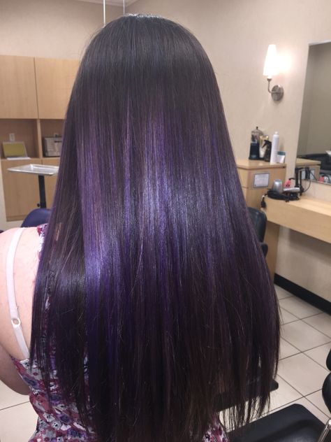 Purple highlights Black W Purple Highlights, Purple Highlights Black Hair Straight, Straight Hair Purple Highlights, Purple Highlights On Dark Brown Hair, Dark Purple Highlights In Black Hair, Brown Hair With Dark Purple Highlights, Black Hair With Purple Highlights Long, Dark Purple Chunky Highlights, Brown Hair With Highlights Purple