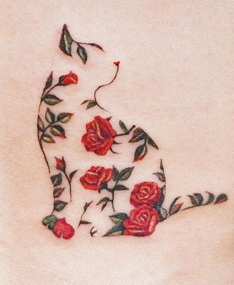 Rose Cat Tattoo, Cherry Blossom Cat Tattoo, Cat With Flowers Tattoo, Cat And Flower Tattoo, Outline Cat Tattoo, Kali Tattoos, Tiny Cat Tattoo, Simple Cat Tattoo, Tattoo Gato