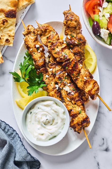 Greek Chicken Kebabs, Greek Chicken Skewers, Greek Chicken Kabobs, Chicken Kebab Recipe, Greek Dinners, Chicken Skewer Recipe, Homemade Tzatziki Sauce, Homemade Tzatziki, Easter 2024