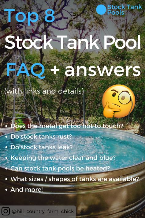 Get answers to your top 8 questions about stock tank pools, including whether (and how) to paint them, the available sizes and shapes of tanks, how to install a heater, and how to keep your water CLEAR and BLUE. Pools Out Of Stock Tanks, Pool Made Out Of Stock Tank, Stock Tank Pool Backyard Oasis, Stock Pool Hot Tub, Deck With Stock Tank Pool, Diy Water Trough Pool, Patio With Stock Tank Pool, In Ground Stock Tank Pool Ideas, Tank Pools Ideas