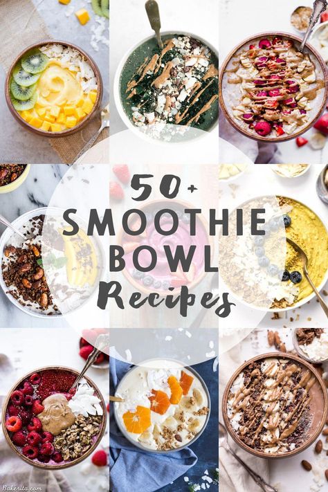 This Recipe Roundup brings together 50+ of my favorite Smoothie Bowl Recipes! These smoothie bowls and acai bowls are the perfect breakfast, snack, or dessert on a warm day. #breakfastsmoothie Breakfast Bowls Smoothie, Smoothie Bowl Ideas Breakfast Recipes, Dairy Free Smoothie Bowl, Toppings For Smoothie Bowls, Smooth Bowl Recipe, Smoothly Bowl Recipes, Smoothie Bowl Flavors, Plant Based Smoothie Bowls, Smoothie Bowl Meal Prep