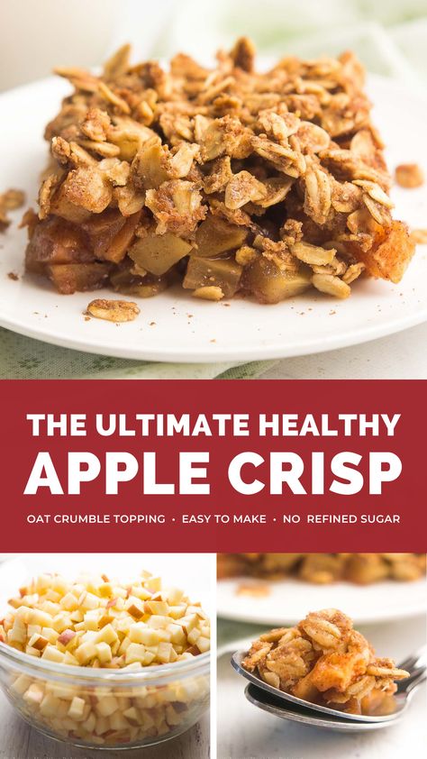 This is the BEST EVER apple crisp recipe!! It’s super easy to make. Sweet juicy apples are layered with an oat crumble topping and baked until perfectly soft & tender. This apple crumble does NOT taste healthy at all — you’ll never use another recipe again! Healthy apple crisp recipe with oats crumble. Healthy apple crumble clean eating low calorie. Apple crisp recipe with oats easy. Low sugar apple crisp. Apple crisp no sugar gluten free. #healthyrecipe #glutenfree #easyrecipes #cleaneating Healthy Apple Crisp Recipe, Sugar Free Apple Crisp, Apple Crisp Recipe Healthy, Crisp Chicken, Oat Crumble Topping, Healthy Apple Crumble, Healthy Apple Crisp, Apple Recipes Healthy, Gluten Free Apple Crisp