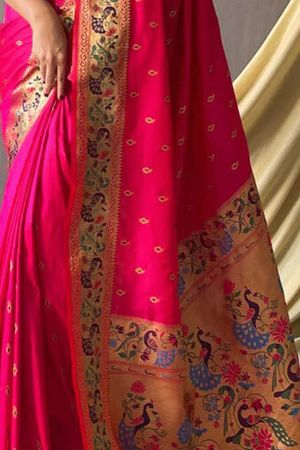 Buy Paithani Silk Sarees Collection Online at Karagiri Pink Paithani Saree, Pink Paithani, Brocade Saree, Purple Weave, South Silk Sarees, Nauvari Saree, Paithani Saree, Shocking Pink, Indian Heritage