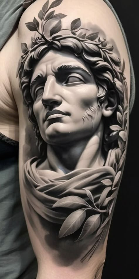 Roman God Tattoo, God Statue Tattoo, Zeus Tattoo Design Ideas, Roman Statue Tattoo, Statue Tattoo Design, Greek Statue Tattoo, Greek Tattoo Design, Traditional Tattoo Reference, Greek God Tattoo