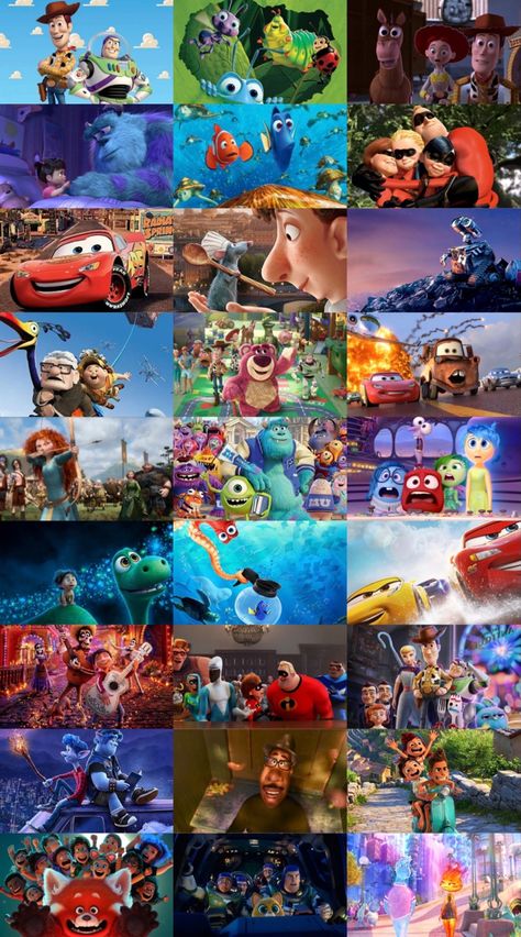 A collage with 9 rows and 3 columns displaying images from each of the first 27 Pixar films. In order, the films pictured are Toy Story; A Bug’s Life; Toy Story 2; Monsters, Inc.; Finding Nemo; The Incredibles; Cars; Ratatouille; WALL-E; Up; Toy Story 3; Cars 2; Brave; Monsters University; Inside Out; The Good Dinosaur; Finding Dory; Cars 3; Coco; Incredibles 2; Toy Story 4; Onward; Soul; Luca; Turning Red; Lightyear; and Elemental. Pixar Movie Characters, Finding Nemo Scenes, Disney Pixar Aesthetic, All Pixar Movies, Pixar Movies Characters, Zootopia Movie, New Pixar Movies, Disney List, Mentor Mentee