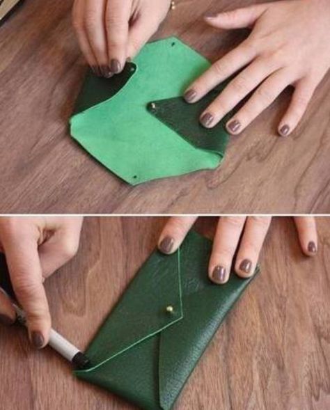 Diy Leather Envelope, Leather Pouch Tutorial, Leather Pouch Pattern, Diy Leather Pouches, Leather Purse Pattern, Simple Leather Bag, Sac En Cuir Diy, Diy Leather Working, Diy En Cuir