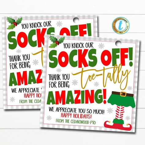 🐣. Offer Xtras! Christmas Sock Gift Tags Staff, Mani Pedi Gift, Toe-Tally Amazing Teacher Staff Employee Nurse Appreciation Thank You Gift Editable Template for $7.75 #VolunteerEmployee #WarmCozySocks #ChristmasSockTag #ThankYouForBeing #HolidayAppreciation #YouKnockOur #SocksOffPrintable #SchoolTeacher #SpaManiThanks #ToeTallyAmazing Socks Christmas Gift Tag, Teacher Socks Christmas Gifts, Volunteer Christmas Gift Ideas, Holiday Staff Appreciation Ideas, Christmas Teacher Appreciation Ideas, Cozy Socks Gift Ideas, Christmas Staff Appreciation Ideas, Staff Christmas Gift Ideas, Daycare Gifts