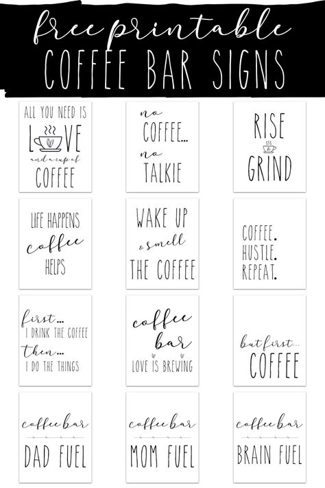 Create a functional, yet pretty coffee bar in your home using decor and any of these 12 FREE PRINTABLE Rae Dunn inspired Coffee Bar Signs. #CoffeeBar #HomeDecor #FreePrintableSigns #PrintableDecorSigns #CoffeeBarSign #CoffeeBarSigns #PrintableCoffeeBarSign #PrintableCoffeeBarSigns #RaeDunnSigns #RaeDunn via @xtremecouponmom Rae Dunn Printable Free, Printable Coffee Signs Free, Free Coffee Bar Printables, Coffee And Tea Signs, Free Printable Coffee Bar Signs, Coffee Bar Svg Free, Coffee Bar Supplies, Free Coffee Printables, Coffee Bar Sayings