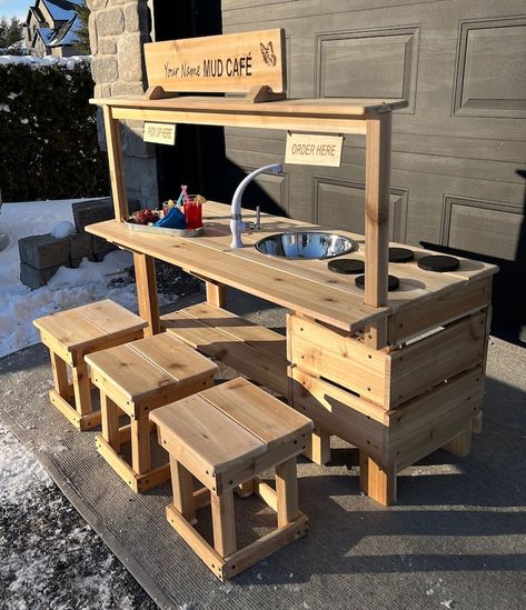 Mud Kitchen Café With Oven and Working Faucet Natural Cedar Wood Mud Kitchen - Etsy Home Made Mud Kitchen, Diy Play Cafe, Mud Pie Kitchen For Kids, Kids Outdoor Kitchen, Mud Kitchen Plans, Simple Mud Kitchen, Eyfs Garden, Mud Kitchen Ideas, Nursery 2024