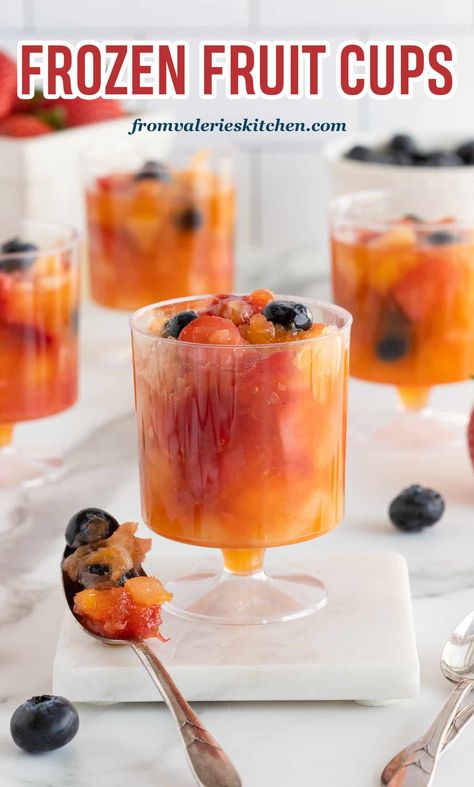 Frozen Fruit Cups are a refreshing and delicious treat that can be made anytime of year. They're easy to make, customizable, and a great choice for a holiday menu. Frozen Fruit Slush Recipes, Frozen Fruit Cups, Frozen Fruit Salads, Frozen Treats Recipes, Fruit Slush, Canned Pears, 9 Birthday, Fruit Compote, Canned Fruit