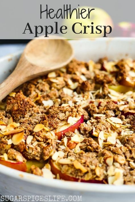 Healthier Apple Crisp. Fresh apples baked with a honey sweetened oatmeal topping. A delicious dessert that's on the healthy side! #sugarspiceslife #applecrisp #healthydessert #nobutter #dairyfreedessert #fall #apple #dessert Sugar Free Apple Crisp, Apple Crisp Recipe Healthy, Apple Crisp Topping, Healthy Apple Crisp, Clean Program, Gluten Free Apple Crisp, Oatmeal Toppings, Apple Crisp Recipe, Tailgating Recipes