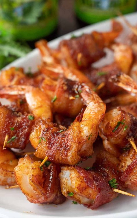 Seafood Skewers, Sweet And Spicy Bacon, Baked Ribs Recipe, Shrimp Wraps, Spicy Bacon, Wrapped Shrimp, Bacon Wrapped Shrimp, Baked Ribs, Shrimp Appetizers