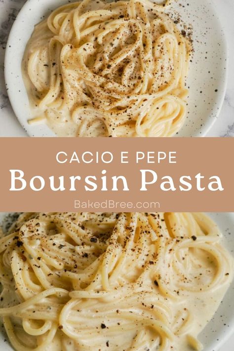 This Boursin e Pepe Pasta is so creamy and swoon worthy! Boursin Recipes Dishes, Boursin Recipes Pasta, Boudin Pasta, Bursin Cheese Recipes, Bursin Cheese Pasta, Boursin Alfredo Sauce, Boursin Pasta Sauce, Boursin Shallot And Chive Recipes, Boursin Risotto