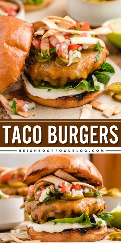 These Taco Burgers are an easy Spring recipe that combines seasoned ground beef patty with melted cheese, pico de gallo, pickled jalapenos, and tortilla strips. Add this taco recipe to your summer grilling ideas or Memorial Day dinner menu! Memorial Day Dinner, Summer Grilling Ideas, Perfect Grilled Burgers, Taco Burgers, Easy Spring Recipes, Taco Burger, Pickled Jalapenos, Grilling Ideas, Tortilla Strips