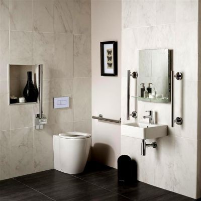 Presenting a package of a back to wall WC and an accessible basin unit, this suite is specifically designed to cater for those who require extra mobility access. Designed for extra accessibility, the basin comes in two sizes of either 600mm or 400mm wide, and has clearance for use with wheelchairs. Fitted back to wall, the WC unit has a raised profile and a standard projection, allowing for installation in standard sized bathrooms with ease. Its raised height and back rest make it a comfortable Disabled Toilet, Wc Decoration, Cloakroom Suites, Disabled Bathroom, Basin White, Accessible Bathroom, Concealed Cistern, Bathroom Suites, Back To Wall Toilets