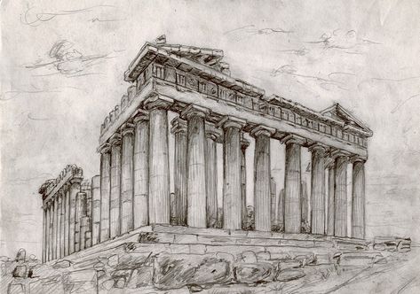 The Parthenon Temple by Adrian87.deviantart.com on @DeviantArt Parthenon Athens Drawing, Parthenon Sketch Simple, Greek Parthenon Drawing, Athens Greece Drawing, Parthenon Drawing Architecture, Parthenon Sketch, Parthenon Drawing, Parthenon Tattoo, Athens Drawing