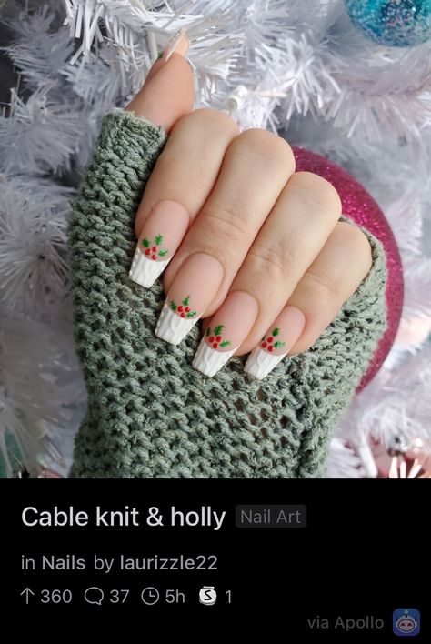 Christmas Cable Knit Nails, Christmas Nails Knitted, Holly Nail Art, Cable Knit Nails, Knit Nails, Holly Nails, Christmas Manicure, Sweater Nails, Nails 2022