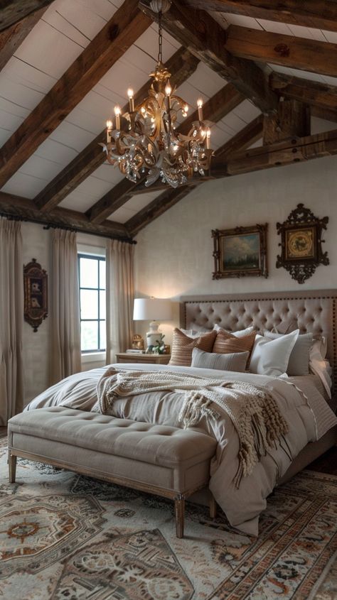 Elegant Bedroom Interior: A cozy and stylish bedroom with exposed beams, chandelier lighting, and tasteful, rustic decor elements. #bedroom #interior #elegance #cozy #stylish #aiart #aiphoto #stockcake ⬇️ Download and 📝 Prompt 👉 https://ayr.app/l/8vRA Beamed Ceilings Bedroom, Luxury Bedroom Master High Ceilings, Classic Cozy Bedroom, Wood Beams In Bedroom, Bedroom Exposed Beams, Beamed Bedroom, Vintage Interior Design Cottage Style, Beams Bedroom, Rustic Romantic Bedroom