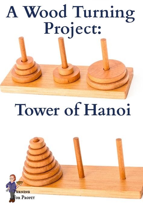 The Tower of Hanoi is a quick and easy project that's a great brain teaser for ages 10 and up. Wooden puzzles are attractive to both the tactile and visual senses making them popular gifts and a hot item at craft fairs. Diy Wooden Puzzles, Wood Puzzles Diy, Tower Of Hanoi, Woodturning Projects, Wooden Toys Plans, Diy Puzzles, Jigsaw Puzzles For Kids, Turning Projects, Lathe Projects