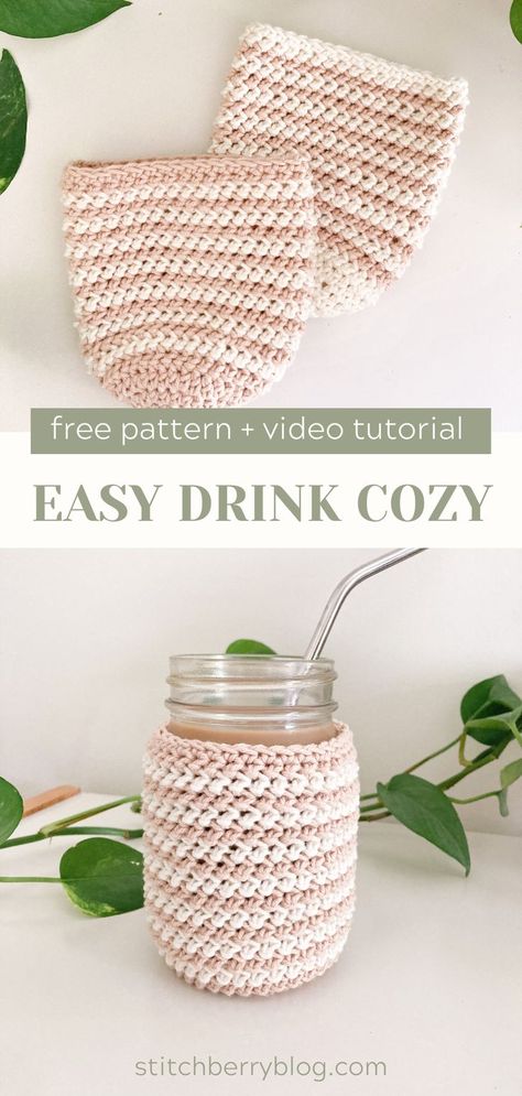 Knit Drink Cozy Pattern, Crochet Stemless Wine Glass Cozy Pattern Free, Crochet Drink Coozie, Easy Crochet Coozie, Crochet Glass Cozy Free Pattern, Crochet Patterns Soft Yarn, Crochet Coozie Coffee, How To Crochet A Cup Cozy, Crochet Mug Cozy With Button