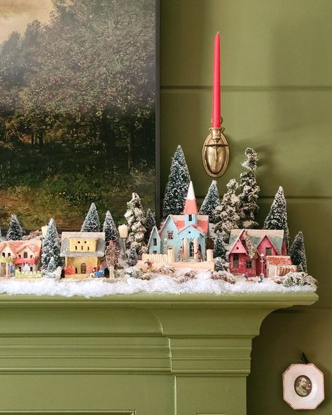 @vintageholiday on Instagram: “Got my putz house village set up on my mantel! I always enjoy creating these glittery little worlds. 🏘️ #vintageholiday #vintagechristmas…” Putz House, House Village, Diy Christmas Village, Putz Houses, Christmas Mantels, Vintage Christmas Decorations, Holiday Catalog, Vintage Holiday, Christmas Village