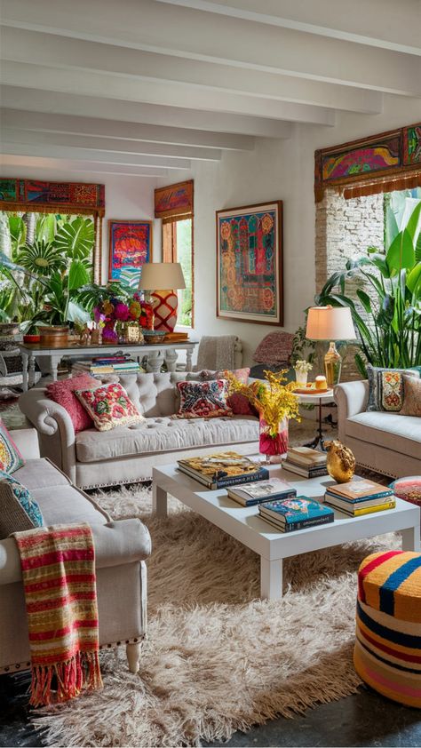 Colorful, cozy living room with eclectic decor, vibrant cushions, houseplants, and a white shag rug. Colourful Boho Apartment, Boho Loft Ideas, White Couch Colorful Living Room, Small Maximalist Living Room, Minimalist Eclectic Living Room, Simple Eclectic Home, Colorful Farmhouse Living Room, Eclectic Decor Living Room, Bedroom Decor Eclectic