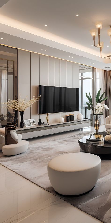 Infuse your large apartment with a touch of opulence through this living room's carefully crafted interior, creating an inviting space that radiates elegance. Sala Grande, Hall Interior Design, Tv Room Design, تصميم للمنزل العصري, Appartement Design, Tv Wall Design, Hall Design, Living Room Design Decor, Home Design Living Room