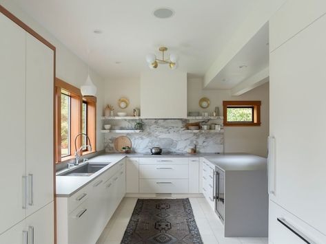 Spice up a white-walled kitchen with Raw Concrete countertops, modern light fixtures and an ornate runner! Amy K Limp leads the way.   📷by Chi Krneta Photography, build by GT Residential Contracting Kitchen Flush Mount Lighting Ideas, Kitchen Flush Mount Lighting, Small Kitchen Lighting Ideas, Contemporary Small Kitchens, Small Kitchen Lighting, Kitchen Lighting Ideas, Kitchen Ceiling, Modern Light, Modern Farmhouse Kitchens