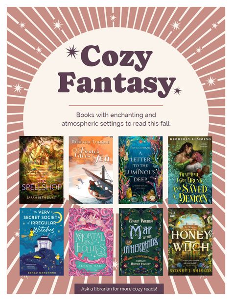 Cozy+Fantasy+Book+Flyer,+Stars+with+Burst Cozy Fantasy Books, Fantasy Writing, Reading List Challenge, Fantasy Romance Books, List Challenges, Well Read, Fantasy Book, Secret Society, Book Worm