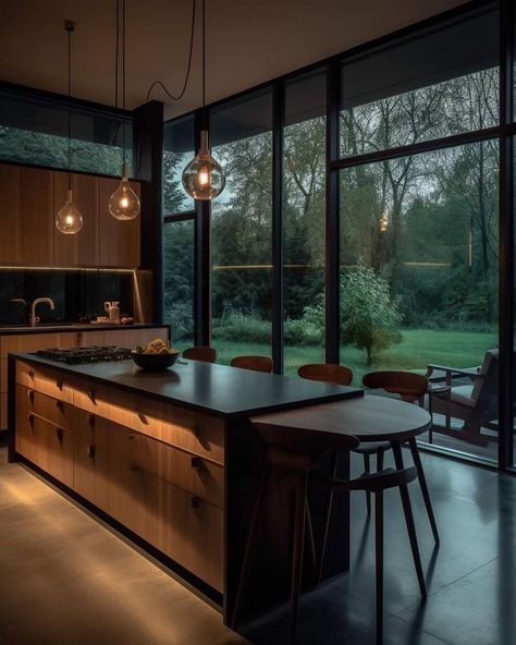 Dark Wood Design Interior, Kitchen With Forest View, Modern Black And Wood House Interior Design, Kitchen Astethic Dark, Big Dark Kitchen, Dark Theme Kitchen Ideas, Dark Kitchen Astethic, Dark Homes Interior, Dark Interior Barndominium