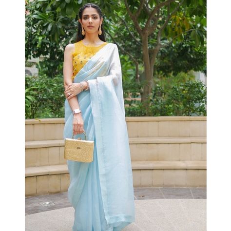 Blue Organza Saree, Organza Saree With Blouse, Baby Pink Saree, Sky Blue Saree, Blue Organza, Yellow Saree, Saree Blouse Designs Latest, Saree Design, Embellished Jacket