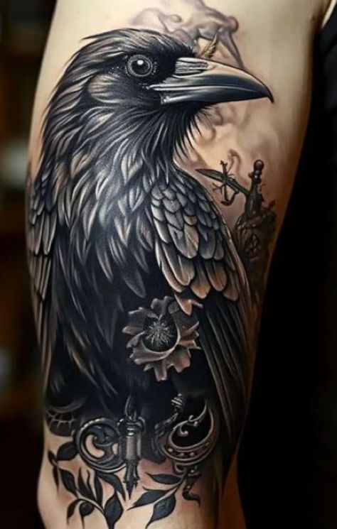 Black Crow Tattoos, Rabe Tattoo, Crow Tattoo Design, Wiccan Tattoos, Bookish Tattoos, Dibujos Tattoo, Crow Tattoo, Raven Tattoo, Floral Tattoo Sleeve