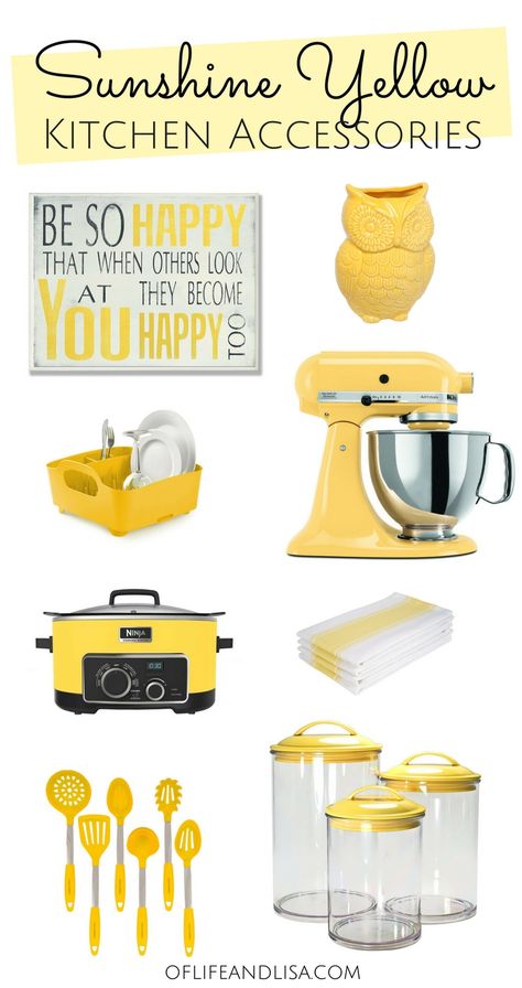 Yellow decor and kitchen accessories for Yellow Lovers! Hope you enjoy this nice roundup of kitchen must-haves! #yellow #yellowaesthetic #kitchendesign #kitchenideas #kitchendecor #kitchendecorideas Yellow Lemon Kitchen Decor, 1950s Yellow Kitchen, Yellow Theme Kitchen, Yellow And White Kitchen Ideas, Gray And Yellow Kitchen Ideas, Black And Yellow Kitchen Ideas, Daisy Kitchen Decor, Yellow Accent Kitchen, Yellow And Navy Kitchen