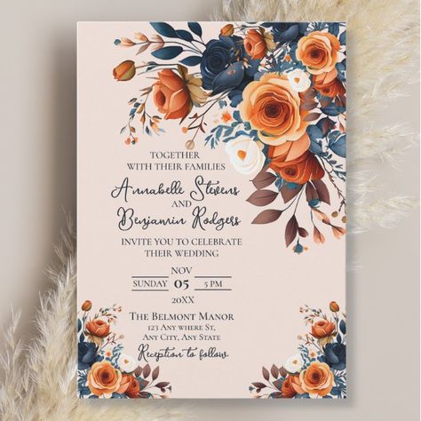 Create your own Invitation | Zazzle Dusty Blue And Orange Wedding Dresses, Plum Burnt Orange Navy Wedding, Rustic Wedding With Blue, Burnt Orange And Navy Blue Wedding Theme, Navy Blue And Burnt Orange Wedding Cake, Navy Blue Burnt Orange Wedding, Burnt Orange And Blue Wedding, Burnt Orange And Navy Blue Wedding, Teal And Burnt Orange Wedding