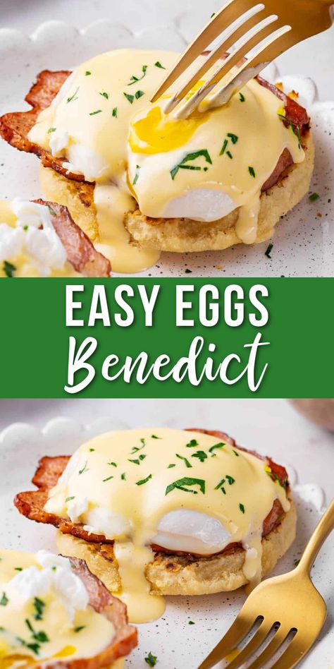 Eggs Benedict layers toasted English muffins with savory Canadian bacon, poached eggs, and rich Hollandaise sauce. It’s a popular breakfast option at restaurants, but easy to make at home, too! Canadian Bacon Breakfast, Easy Eggs Benedict Recipe, Egg Mcmuffin Recipe, Sauce For Eggs, Hollandaise Recipe, Easy Eggs Benedict, Benedict Recipe, Eggs Benedict Recipe, Brunch Spread