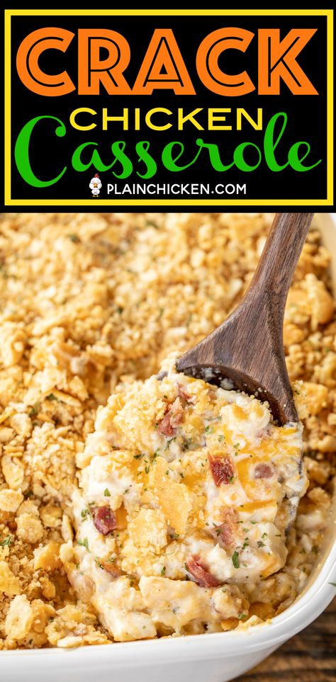 Crack Chicken Casserole - creamy chicken casserole loaded with cheddar, bacon and ranch. Use a rotisserie chicken for easy prep! Chicken, cheddar, bacon, ranch seasoning, sour cream, cream of chicken soup. The whole family LOVED this easy chicken casserole. It is already on the menu again this week! #chicken #casserole #chickencasserole Easy Recipes With Rotisserie Chicken Main Dishes, Meal Prep Chicken Casserole, Chicken Soup Casserole Recipes, Rottiserie Chicken Casserole Recipes, Easy Supper Ideas Comfort Foods, Boiled Chicken Recipes Casseroles, Chicken Recipes With Rotisserie Chicken, Recipes Using Ranch Seasoning, Casserole Recipes For Dinner Chicken