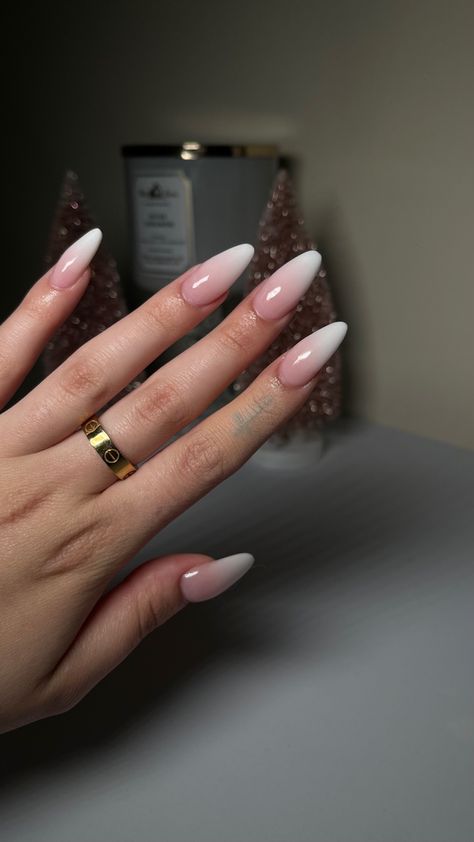 #ombre #ombrenails #cartier #pink #girly #nails Pink Ombre Almond Acrylic Nails, Almond Shaped Nails Elegant, Glossy Ombre Nails, Long Almond Ombre Nails, Irregular French Nails, Pink To White Ombre Nails Almond, Nails 2024 Ombre, Ombre Gel X Nails, Almond Ombre French Nails