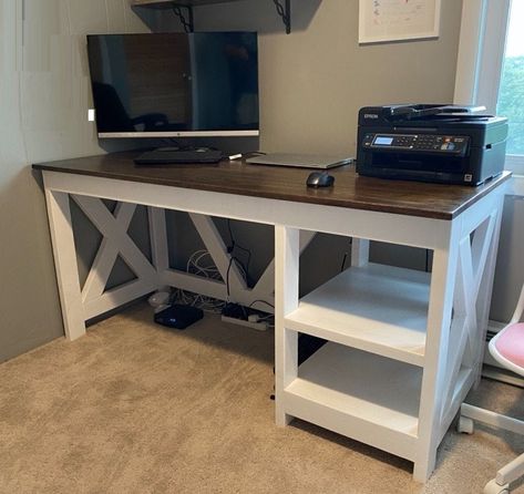 Beautifully handcrafted 2 shelf Farmhouse X style desk with solid and sturdy Pine Wood top. You may pick your choice of stain colors for the desk. Please note that base color in the first photo is white paint which is the option listed under the Minwax stains as 'NO STAIN- WHITE PAINT'. If your specific measurement is not listed, please contact us and we will work on a custom size for you.  Item can either be picked up/meet for delivery if local to the tri-state area or it can be shipped via 3rd Modern Farmhouse Desk, Diy Wood Desk, Pipe Desk, Modern Reception Desk, Farmhouse Desk, Desk Plans, Diy Workbench, Beautiful Desk, Solid Wood Desk