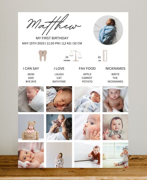 First Birthday Photo Collage, One Year Photos, Baby Photo Collages, Baby Collage, Baby First Year, Birthday Photo Album, Photo Book Inspiration, First Birthday Milestone, Birthday Milestone Board