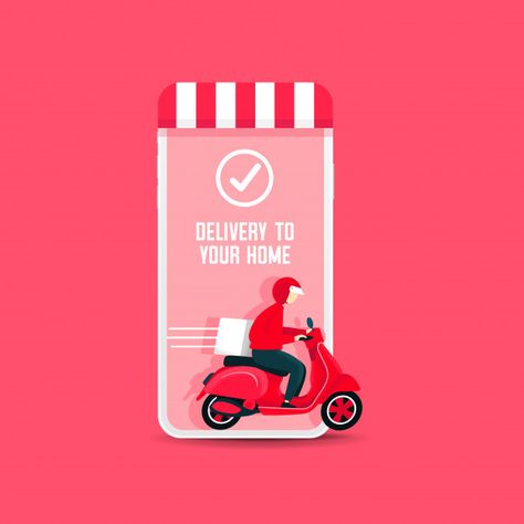 Delivery man riding a scooter out of the... | Premium Vector #Freepik #vector #food #business #technology #phone Supermarket Logo, Riding Scooter, Business Marketing Design, Logo Online Shop, Pharmacy Design, Vector Food, Food Poster Design, App Logo, Food Poster