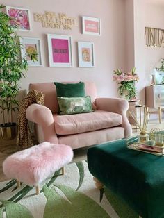 Cloud Nine Interiors Pink And Green Decor, Ornament Homemade, Feminine Living Room, Green Ottoman, Cuddle Chair, Diy Ornament, Glam Living Room, Pink Living Room, Homemade Ornaments