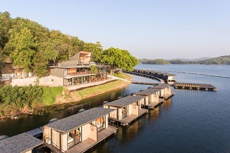 Lake Resort Design, Waterfall Resort, Lake Architecture, Floating Architecture, Floating Hotel, Lakeside Resort, Lake Hotel, Good Wood, Island Villa