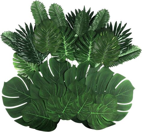 Amazon.com: 112Pieces 7 Kinds Artificial Palm Leaves Golden Tropical Leaves with Stems Jungle Leaves Decorations for Hawaiian Luau Party Beach Baby Shower Wedding Birthday : Home & Kitchen Table Wedding Decorations, Safari Baby Shower Decorations, Artificial Palm Leaves, Beach Baby Showers, Jungle Decor, Hawaiian Luau Party, Artificial Leaves, Decorating Bedroom, Beachy Christmas