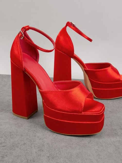 Open Toe Ankle Strap Platform Block High Heels | SHEIN USA Heels Shein, Red Platform Heels, Chunky Pumps, Matric Dance, Shein Shoes, Red Platform, Ankle Strap Block Heel, Sandal Platform, Red Sandals