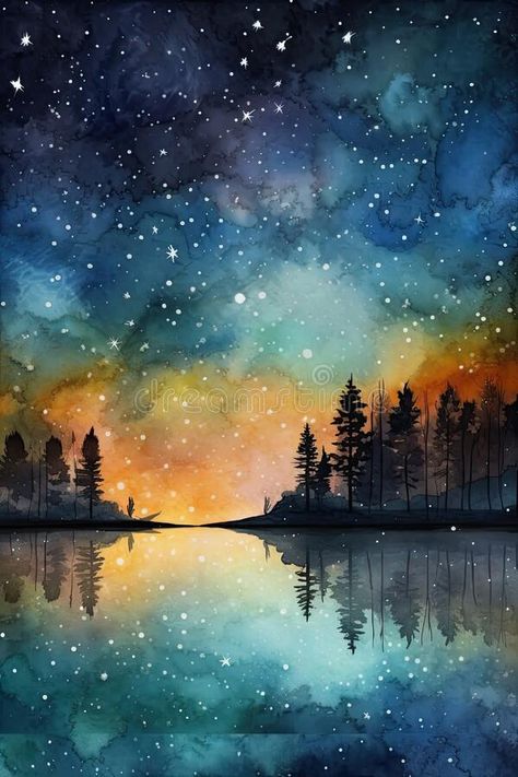 The starry sky is reflected in the lake watercolor Romantic watercolor landscape of amazing night stock images Watercolor Art Moon Night Skies, How To Watercolor Night Sky, Day And Night Watercolor Painting, Water Colour Night Sky, Watercolor Night Painting, Night Scenery Watercolor Painting, Watercolour Starry Night, Night Sky Landscape Painting, Masculine Watercolor Paintings