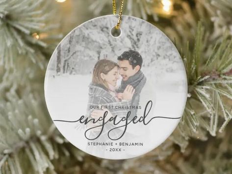 Elegant Handwriting, Engagement Decor, First Christmas Engaged, Couples Christmas Ornament, Handwriting Script, Purple Foil, White Gradient, Engagement Ornaments, Photo Gold