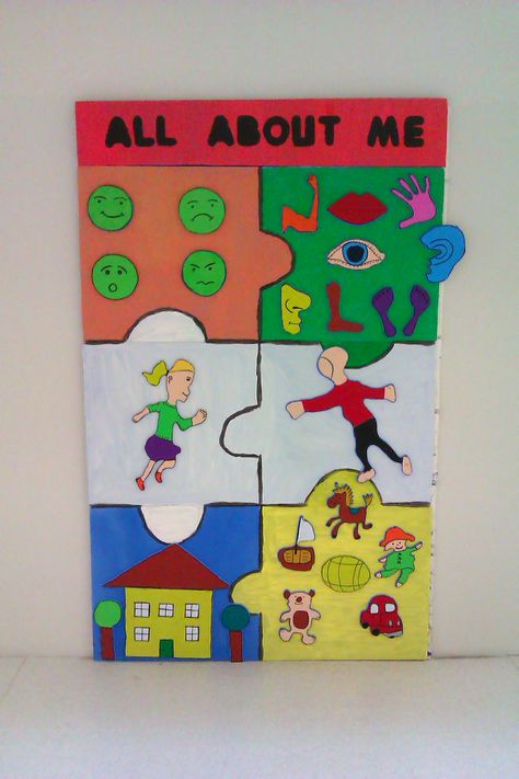 Bulletin board idea for "Who am I?" theme and subtitles of the theme (Feelings, My Body, Senses, My Toys, My School) Theme Board, School Kids Crafts, School Pics, Stick Crafts, Board Decoration, Face Sketch, Preschool Themes, All About Me, Who Am I